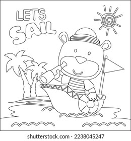 Funny bear cartoon vector on little boat with cartoon style, Trendy children graphic with Line Art Design Hand Drawing Sketch For Adult And Kids Coloring book or page