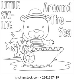 Funny bear cartoon vector on little boat with cartoon style, Trendy children graphic with Line Art Design Hand Drawing Sketch For Adult And Kids Coloring book or page