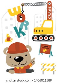 Funny bear cartoon in worker costume with construction vehicle, construction element illustration