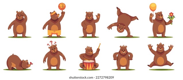 Funny bear character. Cute cartoon teddy mascots, comic fluffy zoo animals in different poses and situations, adorable grizzly. Vector flat set of bear funny, animal mascot illustration of bear mascot