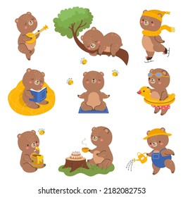 Funny Bear Character. Isolated Bears Poses, Cartoon Animals Emoticon. Kawaii Wild Forest Brown Animal, Nowaday Teddy Toy With Honey Vector Set