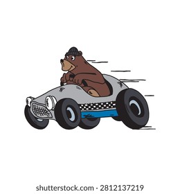 Funny bear character racing in classic open top car. Speeding animal driver illustration with retro automotive details for children clothing prints and playful greeting cards.