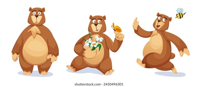 Los personajes divertidos del oso se establecen aislados en el fondo blanco. Ilustración de dibujos animados de Vector de la mascota grizzly, lindo animal marrón de pie y sonriendo, sentado con la flor y la mariposa, corriendo de la abeja enojada