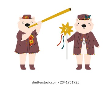 Funny bear characters in traditional Ukrainian clothing. Bear with trembita musical instrument. Bear with a star, symbol of Christmas holidays