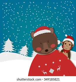 funny Bear and and Chinese Zodiac - Monkey. New Year and Christmas background. Vector illustration.