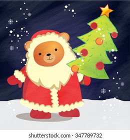 Funny Bear with a chrisrmas tree. Christmas card.