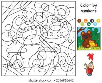 Funny bear. Color by numbers. Coloring book. Educational puzzle game for children. Cartoon vector illustration