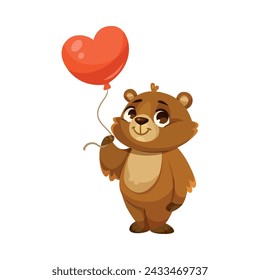 Cachorro de oso divertido con el hocico lindo sostiene el globo del corazón ilustración vectorial