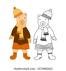 Funny bear dressed in coat, scarf and cap. Cartoon style. Vector illustration for coloring book, stickers, cards