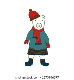 Funny bear dressed in coat, scarf and cap. Cartoon style. Vector illustration for coloring book, stickers, cards