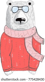 funny bear dressed up in frock, furry art illustration, fashion animals - stock vector