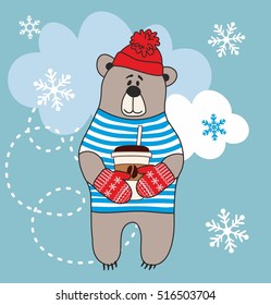 Funny bear dressed up in frock, hat and  mitten with cup of coffee. Vector illustration.