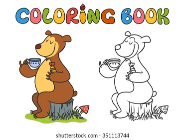 funny bear drinking coffee. Doodle illustration. coloring book