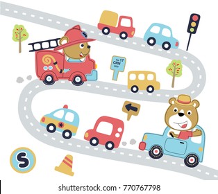 Funny bear driving car in city road, vector cartoon illustration