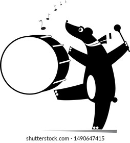 Funny bear a drummer isolated illustration. Cartoon bear beats a big drum using drumstick black on white illustration
