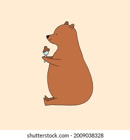 Un oso gracioso comiendo helado de palmita en un palo. Gourmet. Dulce. Ilustración del doodle dibujada a mano por vectores.
