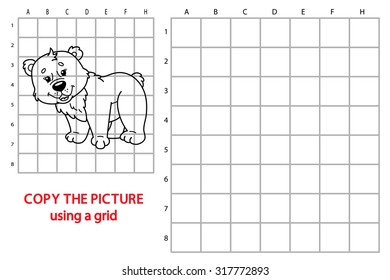 funny  bear educational grid game. Vector illustration of grid copy educational  puzzle game with  happy cartoon bear for children