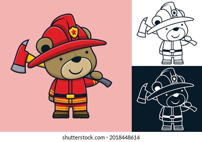 Funny bear in fireman uniform holding fireman axe. Vector cartoon illustration in flat icon style