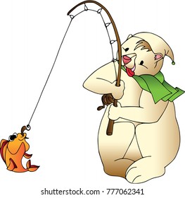 Funny bear with fish. Cartoon characters, isolated, wildlife