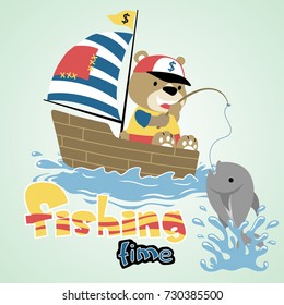 Funny bear fishing on sailboat, vector cartoon illustration