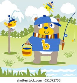 funny bear fishing in river with little bird, sun behind clouds, vector cartoon illustration