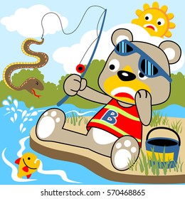 Funny bear fishing in a swamp get a snake, humor cartoon vector illustration