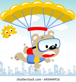 funny bear fly on parachute, vector cartoon illustration