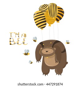 Funny bear flying on a balloon