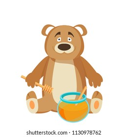 Funny bear. Forest animal, eating honey from barrel, smiling cartoon cute wild character. Flat vector design