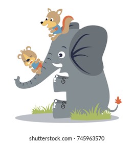 Funny bear with fox sliding on elephants trunk. Vector cartoon illustration