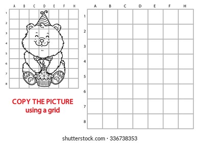 funny bear game. Vector illustration of grid copy puzzle with happy cartoon bear for children