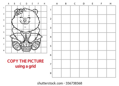 funny bear game. Vector illustration of grid copy puzzle with happy cartoon bear for children