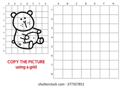 funny bear game. Vector illustration of grid copy puzzle with happy cartoon bearh for children