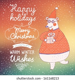 Oso gracioso en gafas de fondo brillante con luces del norte. Elegante tarjeta de Año Nuevo y Navidad en vector. Los cálidos deseos de invierno en un estilo vintage