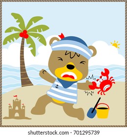 Funny bear hand clamping by crab in the beach, vector cartoon illustration