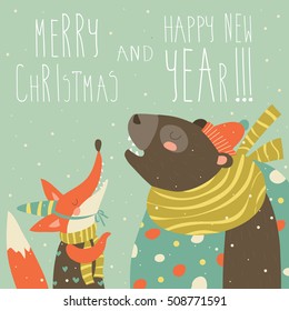 Funny bear and happy fox