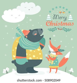 Funny bear and happy fox