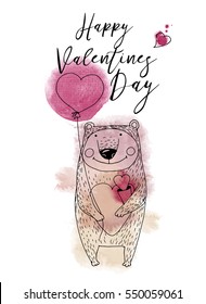 Funny bear. Happy valentine's day. Hand drawing vector sketshes.