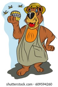 Funny  bear in a hat, holding a barrel of honey