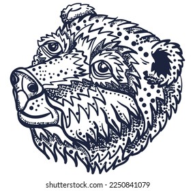 Funny bear head. Grizzly. Wild animals. Old school tattoo vector art. Hand drawn graphic. Isolated on white. Traditional flash tattooing style