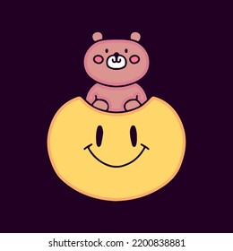 Funny bear inside smile emoji face cartoon, illustration for t-shirt, sticker, or apparel merchandise. With modern pop style.