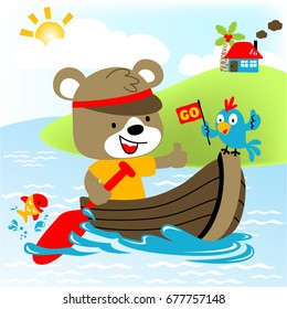 Funny bear with little bird on rowboat, little fish jump out from water, beach scenery on blue sky background, vector cartoon illustration