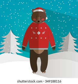 funny Bear with long shadow. New Year and Christmas greeting card. Vector illustration