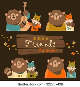 Funny bear and man are the best friends. Vector collection