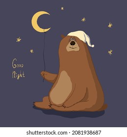 oso gracioso con globo lunar, buena ilustración nocturna con personaje de dibujos animados, vector clipart