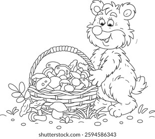 Funny bear mushroomer with a big wicker basket full of picked mushrooms from a summer forest, black and white outline vector cartoon illustration