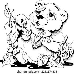 Funny Bear with mushrooms, cute funny cartoon graphic isolated vector doodle character illustration for colouring pages, children books or printing