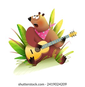 Funny bear in nature among plants playing guitar and singing. Cute animal character musician teddy bear playing music in forest, colorful cartoon for kids. Vector illustration for children.