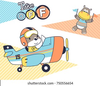 funny bear on airplane with hippo holding flags, vector cartoon illustration