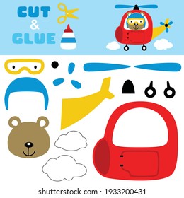 Funny bear on helicopter. Education paper game for children. Cutout and gluing. Vector cartoon illustration
